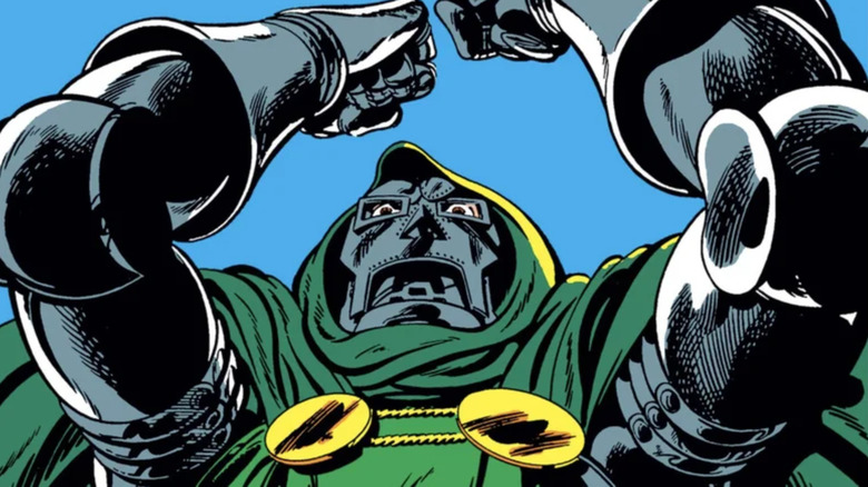 Doctor Doom, as drawn by John Byrne, raising his hands in triumph