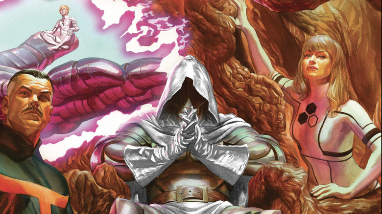 God Emperor Doom sits on his throne surrounded by Sue Storm, Franklin Richards, and Stephen Strange on the Secret Wars #4 cover