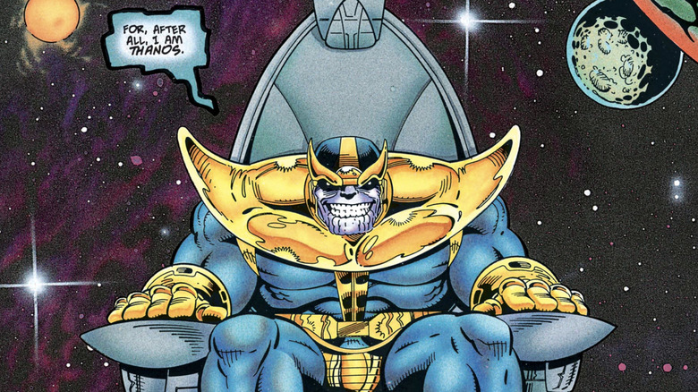 Thanos sitting on a throne in space