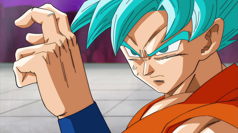 Super Saiyan Blue Goku preparing for battle in Dragon Ball