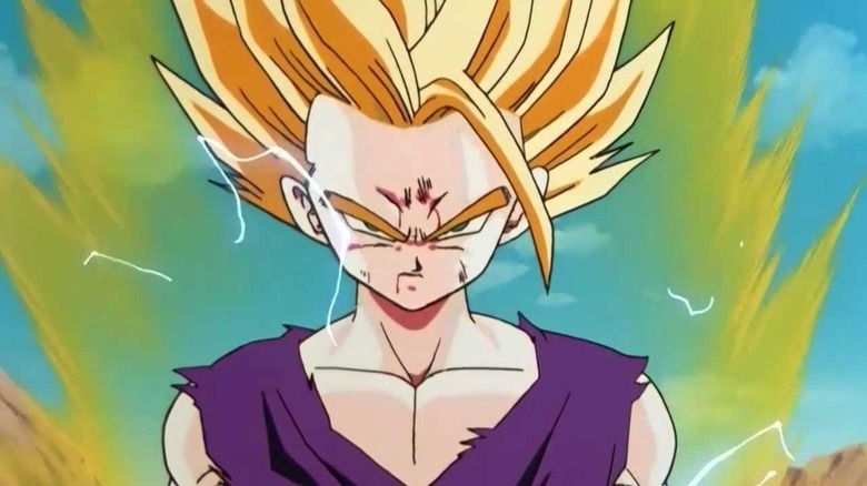 Gohan with golden hair charging up his power in Dragon Ball