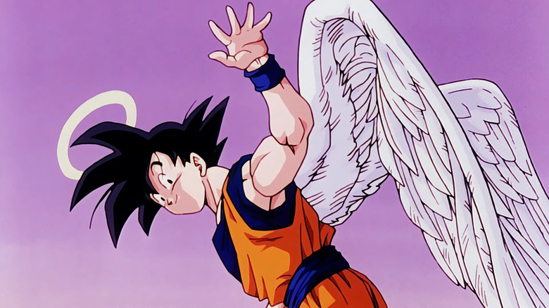 Angel Goku waving goodbye as he flies away in Dragon Ball Z