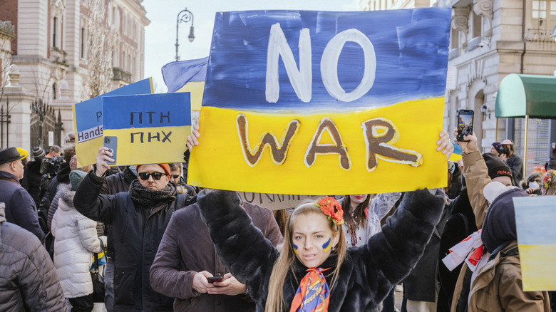 Demonstrators during a protest against the Russian invasion of Ukraine outside the Russian embassy in New York, U.S., on Sunday, Feb. 27, 2022. 