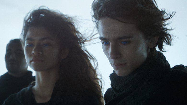 (L-r) ZENDAYA as Chani and TIMOTHÉE CHALAMET as Paul Atreides in Warner Bros. Pictures' and Legendary Pictures' action adventure "DUNE," a Warner Bros. Pictures and Legendary release.