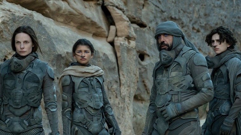 Rebecca Ferguson, Zendaya, Javier Bardem, and Timothee Chalamet in Dune