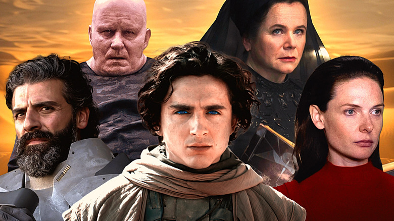 Images of Oscar Isaac as Duke Leto, Stellan Skarsgard as Baron Harkonnen, Timothee Chalamet as Paul, Emily Watson as Valya Harkonnen, and Rebecca Fergusson as Lady Jessica, edited together against a backdrop of Arrakis from Dune