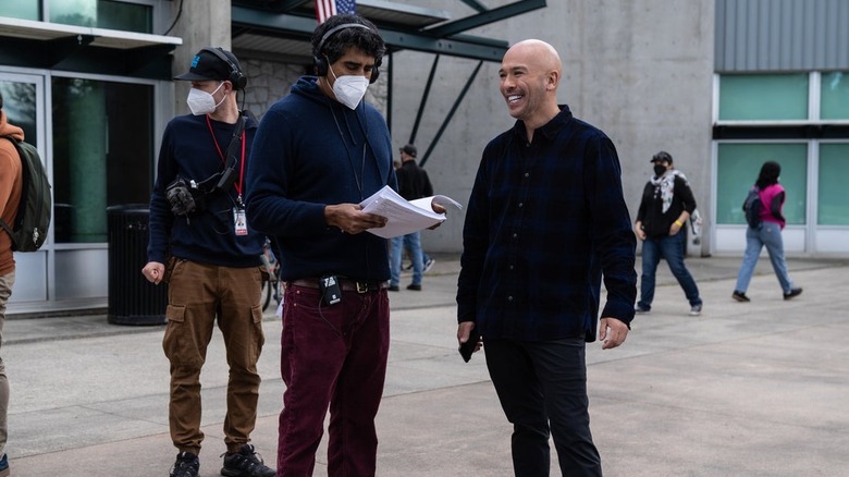 Jay Chandrasekhar and Jo Koy on the set of Easter Sunday