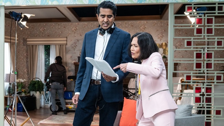 Jay Chandrasekhar & Lydia Gaston between takes of Easter Sunday