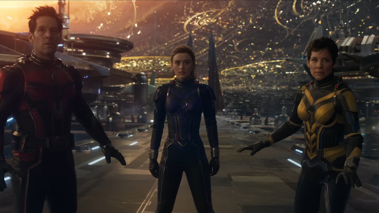 Paul Rudd, Kathryn Newton, and Evangeline Lilly in Ant-Man and The Wasp: Quantumania