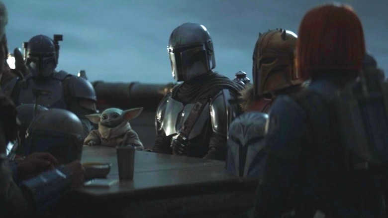 Tait Fletcher, Grogu, Pedro Pascal, Emily Swallow, and Katee Sackhoff in The Mandalorian