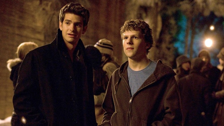 Andrew Garfield Jesse Eisenberg outside The Social Network