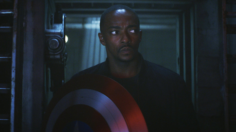 Anthony Mackie's Sam Wilson holding the Captain America shield in Captain America: Brave New World