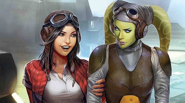 Aphra smiling at a displeased Hera Syndulla