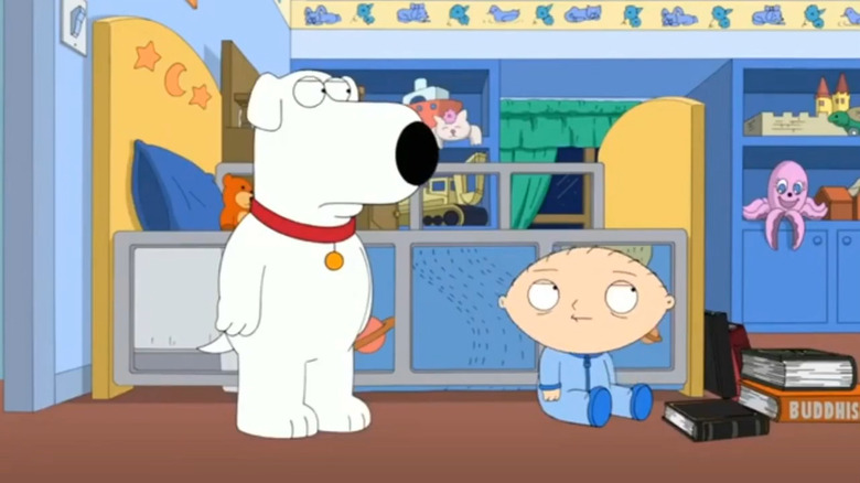 Brian and Stewie Griffin listening to their neighbor on Family Guy