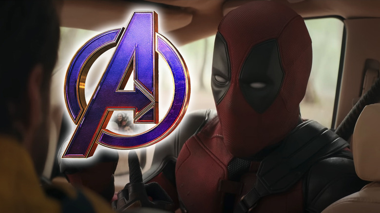 Deadpool & Wolverine, Wade pointing at Avengers logo