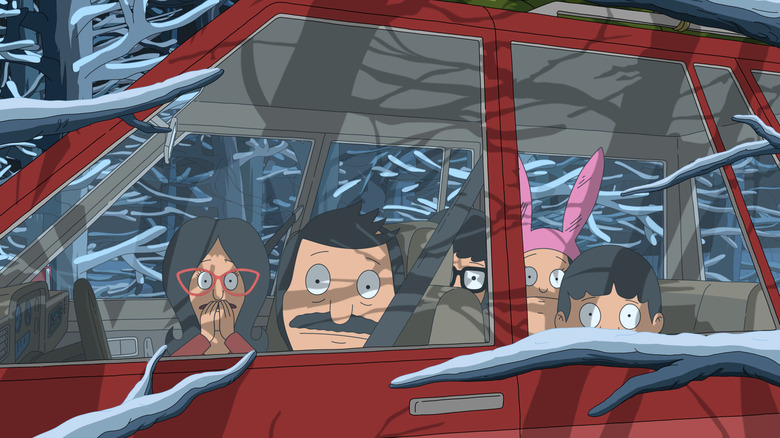 The Belchers cower in their car in the dark woods