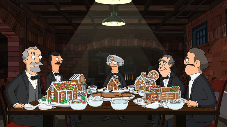 Bob sits at a table with a bunch of old wealthy men, all working on gingerbread houses