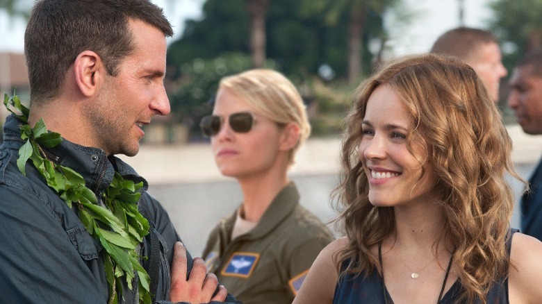 Bradley Cooper wearing lei, Emma Stone Rachel McAdams