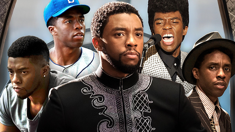 Images of Chadwick Boseman as Vontae Mack, Jackie Robinson, T'Challa, James Brown, and Levee Green edited together