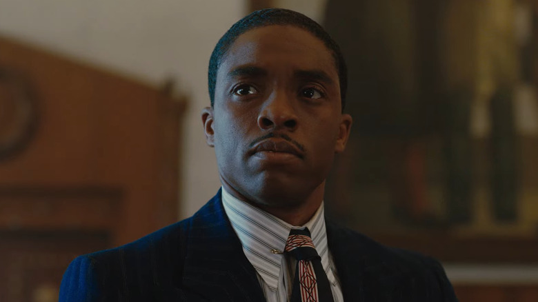 Chadwick Boseman as Thurgood Marshall glaring intensely in Marshall