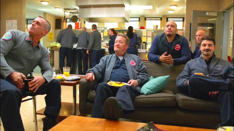 Chicago Fire Firehouse 51 team watching TV