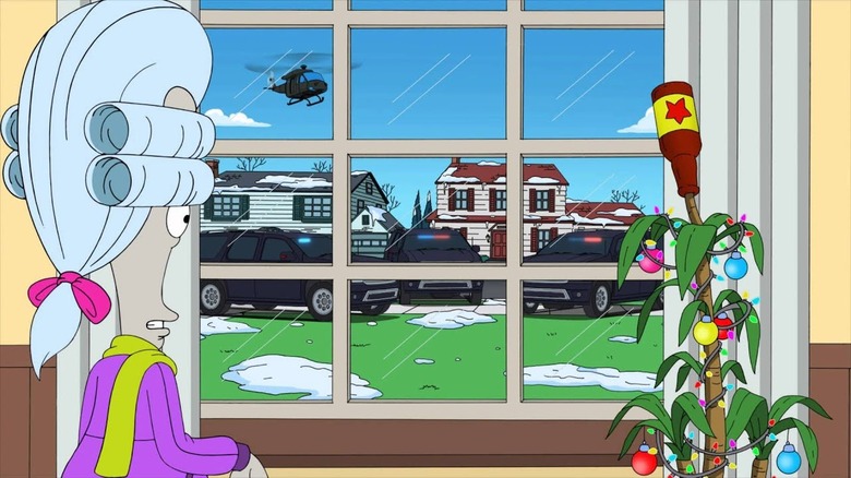 Roger wearing a powdered wig looking at police through a window on American Dad!