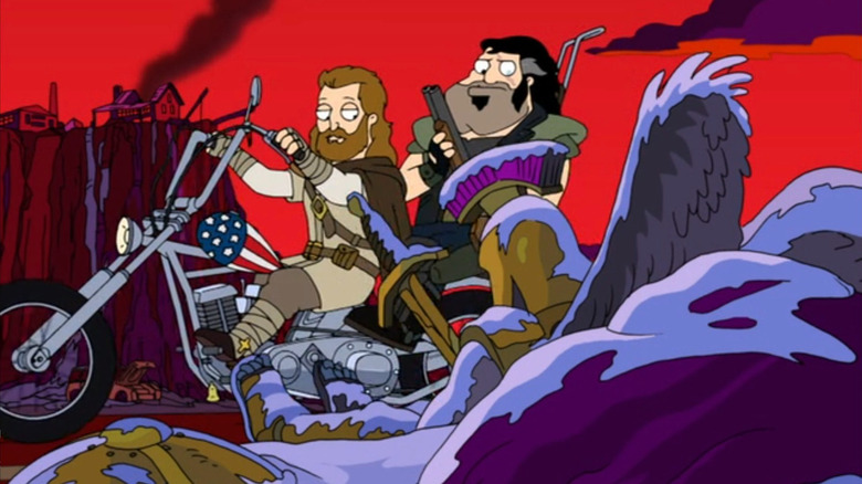 Stan and Jesus riding on a motorcycle in apocalyptic wasteland on American Dad!