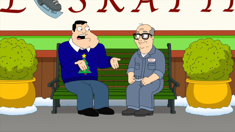 Stan talking to a janitor on a bench on American Dad!