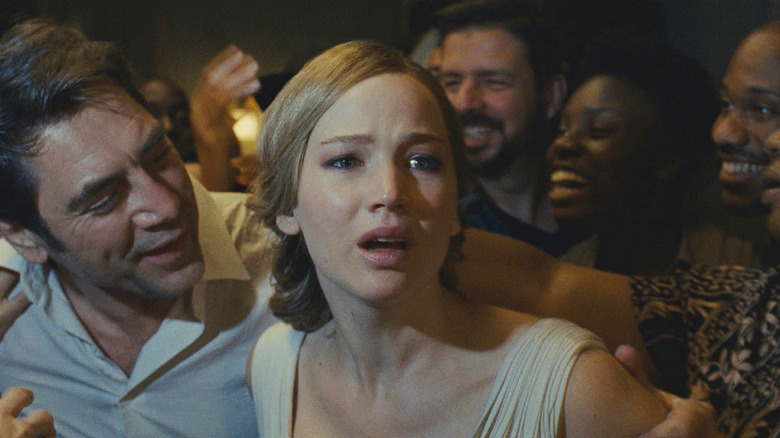 Jennifer Lawrence surrounded by people in mother!