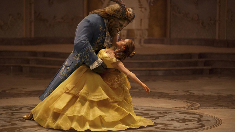 Belle (Emma Watson) and the Beast (Dan Stevens) dancing in Beauty and the Beast