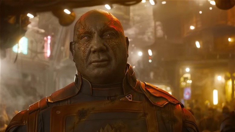 Guardians of the Galaxy Vol. 3 Drax in Guardians uniform on Knowhere