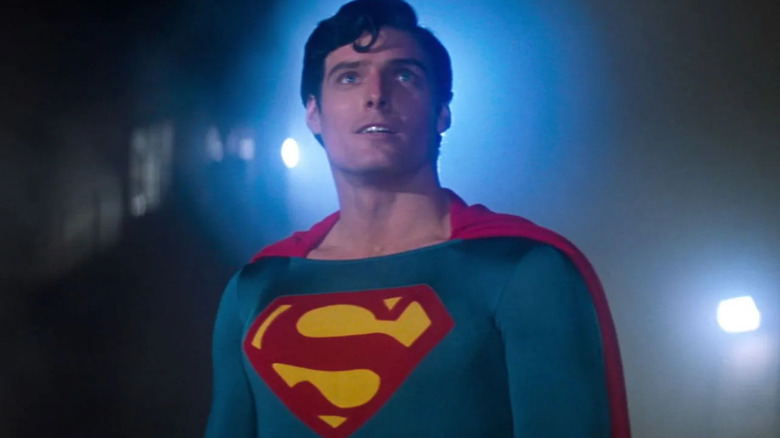 Christopher Reeve as Superman looking up in 1978's Superman