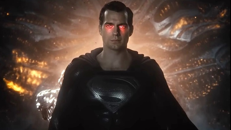 Henry Cavill as Superman wearing the black suit and having red glowing eyes in Zack Snyder's Justice League