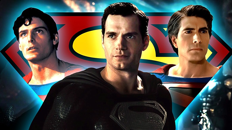 Christopher Reeve as Superman looking up in Superman, Henry Cavill as Superman smiling in Zack Snyder's Justice League, and Brandon Routh as Superman staring in Crisis on Infinite Earths crossover