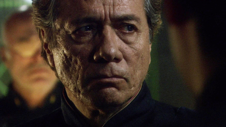 Battlestar Galactica Admiral William Adama frowning