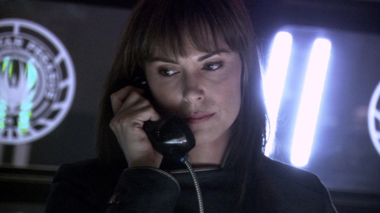 Battlestar Galactica Admiral Helena Cain on phone