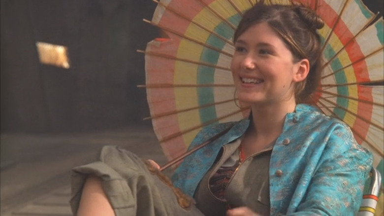 Jewel Staite umbrella blue coat