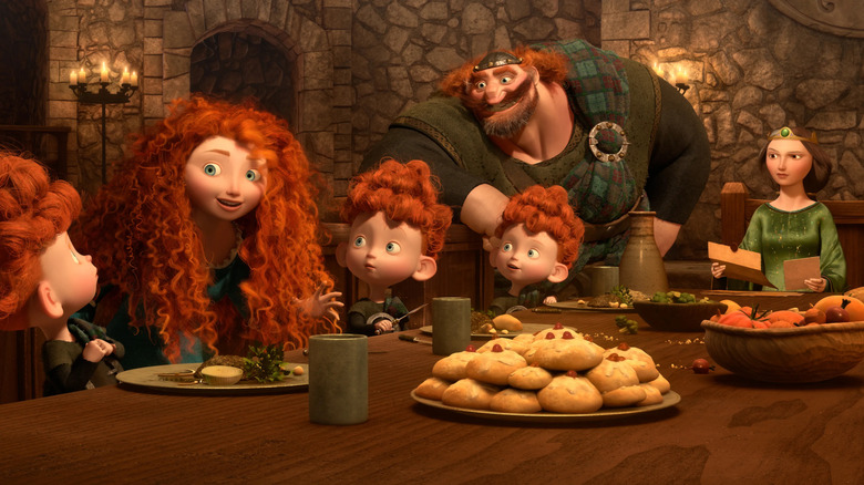 Merida tells a story to Fergus, Elinor, Hamish, Hubert, and Harris at the dinner table in Brave