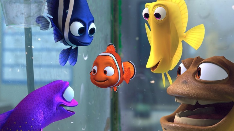 Gurgle, Deb, Bubbles, and Bloat surrounding Nemo in Finding Nemo