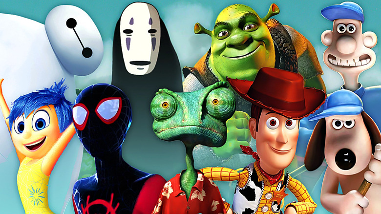 (L-R) Top Row: Bayman from Big Hero 6 (2014), Kaonashi/No-Face from Spirited Away (2001), Shrek from Shrek (2001), Wallace from Wallace and Gromit: The Curse of the Were-Rabbit (2005). Bottom Row: Joy from Inside Out (2015), Miles Morales/Spider-Man in Spider-Man: Into the Spider-Verse (2018), Rango from Rango (2011), Toy Story from Toy Story (1995), and Gromit from Wallace and Gromit: The Curse of the Were-Rabbit (2005).