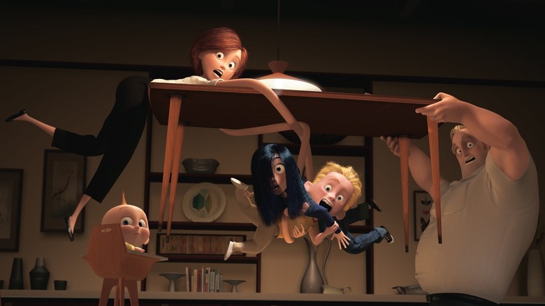 The Parr family use their superpowers during a heated argument at the dinner table in The Incredibles