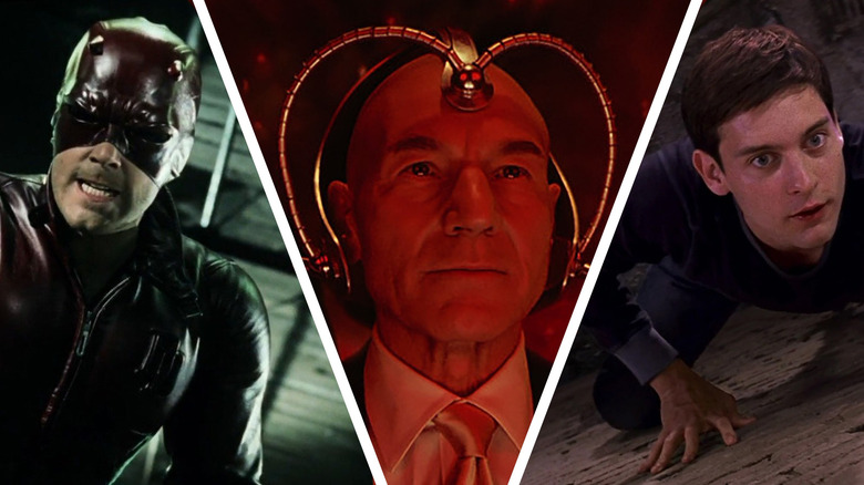 Ben Affleck as Daredevil, Patrick Stewart as Professor X in X2, and Tobey Maguire as Peter Parker in Spider-Man