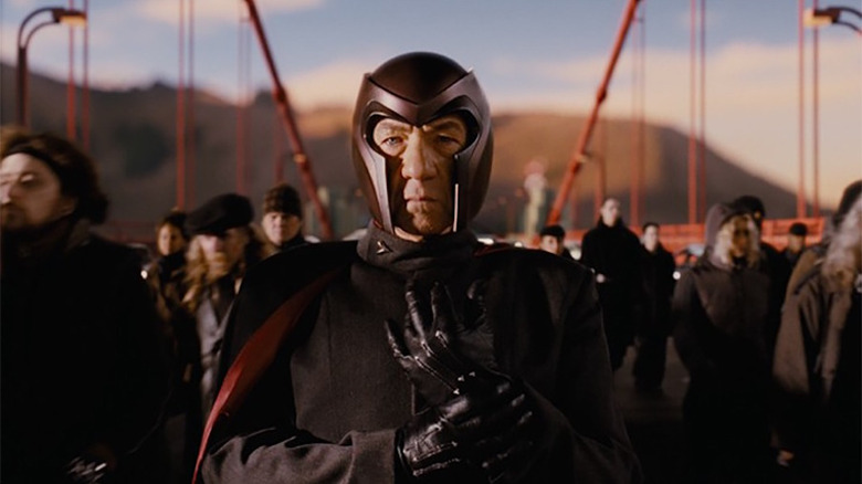 Ian McKellen as Magneto concentrates as he lifts the Golden Gate Bridge in X-Men: The Last Stand