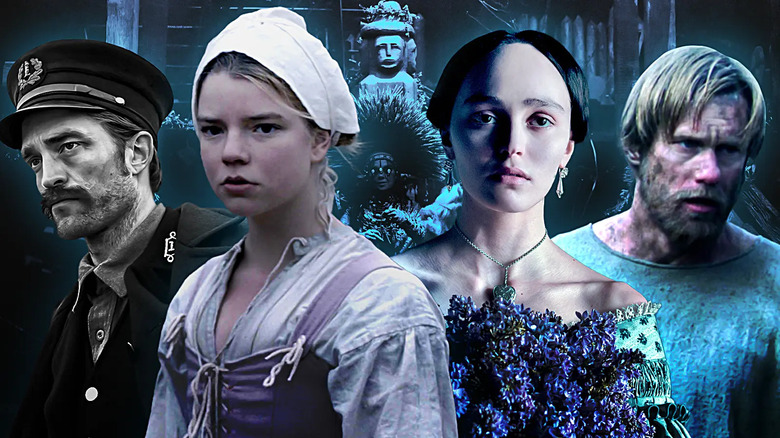 Winslow from The Lighthouse, Thomasin from The Witch, Ellen from Nosferatu, and Amleth from The Northman side-by-side