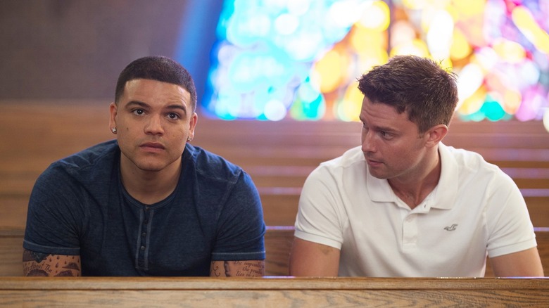 Aaron and Tim sitting in church in American Sports Story