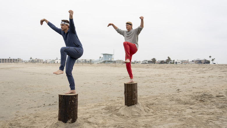 Daniel and Johnny do the crane kick at the beach in Cobra Kai