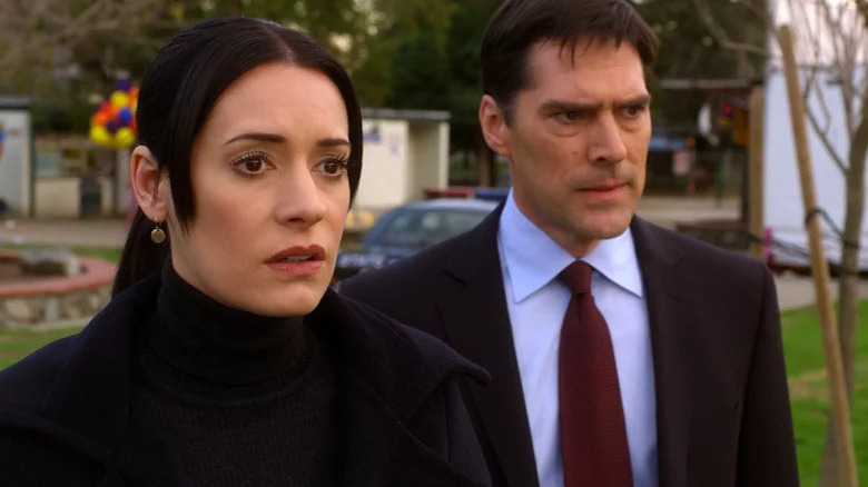 Criminal Minds' Prentiss and Hotch standing outside 