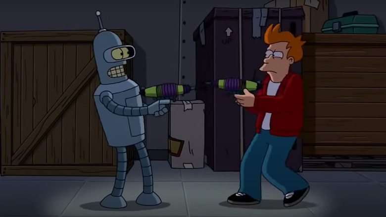 Bender and Fry pointing guns at each other