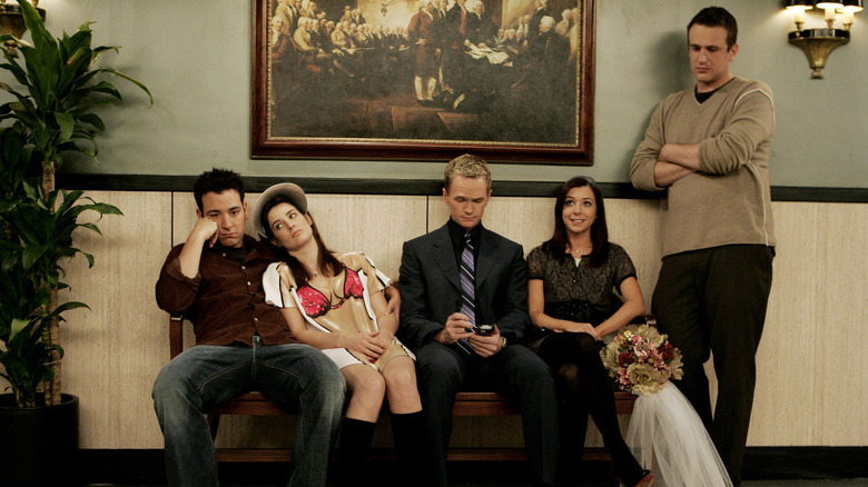 Ted, Robin, Barney, Lily, and Marshall in a courthouse on How I Met Your Mother