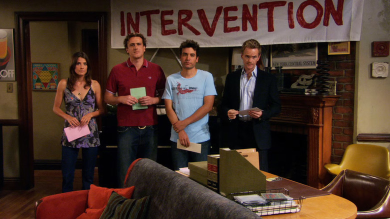 Robin, Marshall, Ted, and Barney giving an intervention on How I Met Your Mother